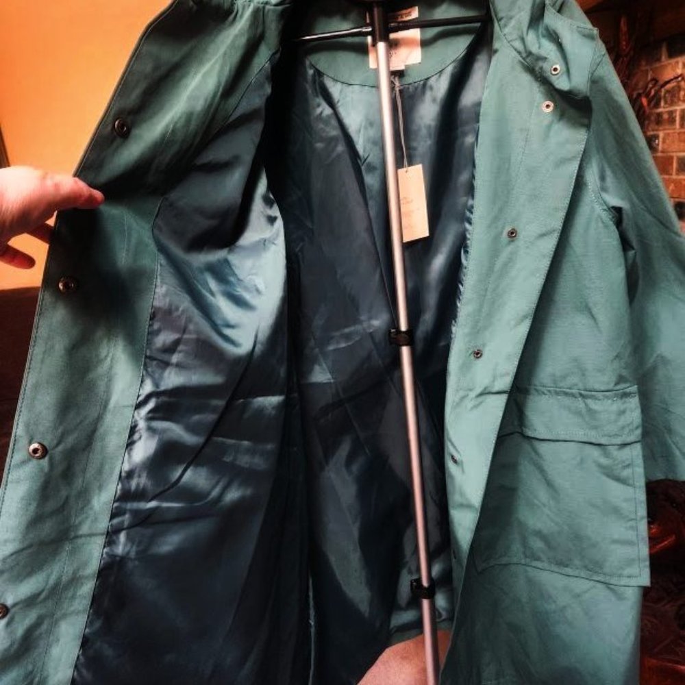 Long Teal Hooded Raincoat Jacket - Women - Picture 5 of 7